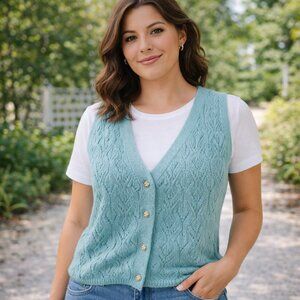 JDY Vintage Y2K SZ S Cable Knit Button Front Vest Green Diamond Gold Buttons